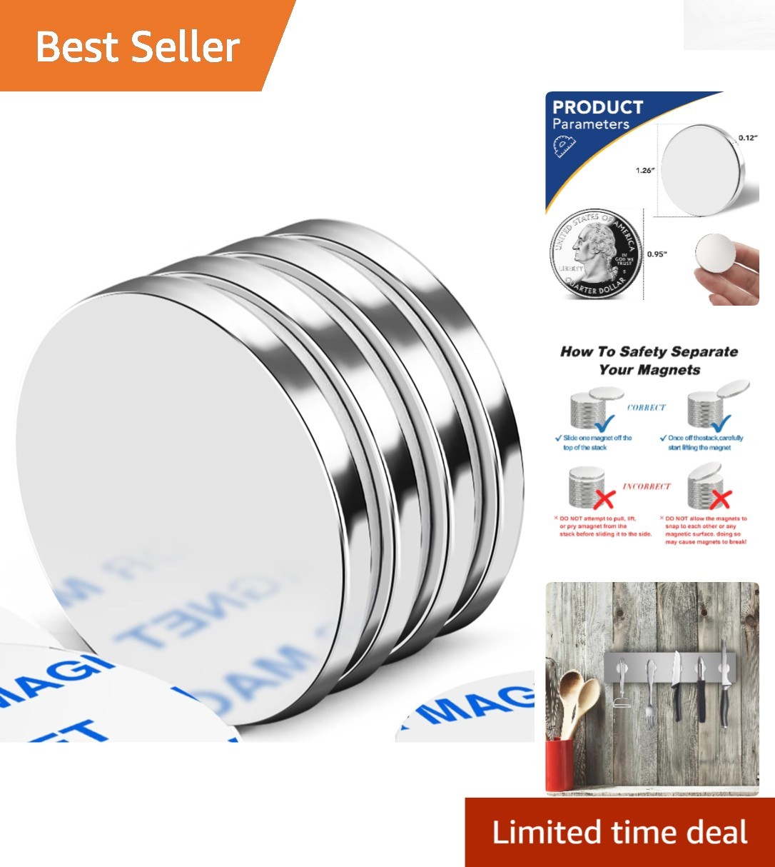 4 Pack Powerful 1.26″ Neodymium Magnets with Double-Sided Adhesive for Crafts