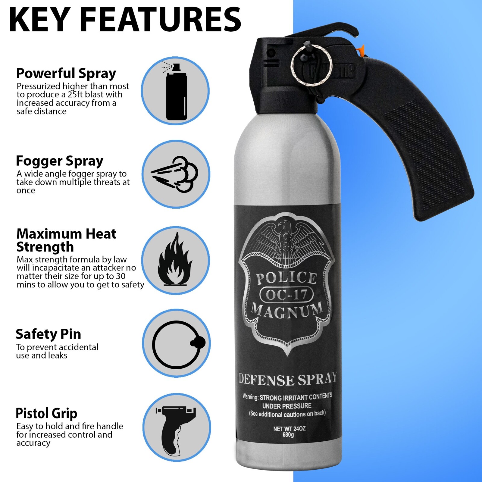 POLICE MAGNUM pepper spray 24 ounce Riot Pistol Grip Fog Home Office Security
