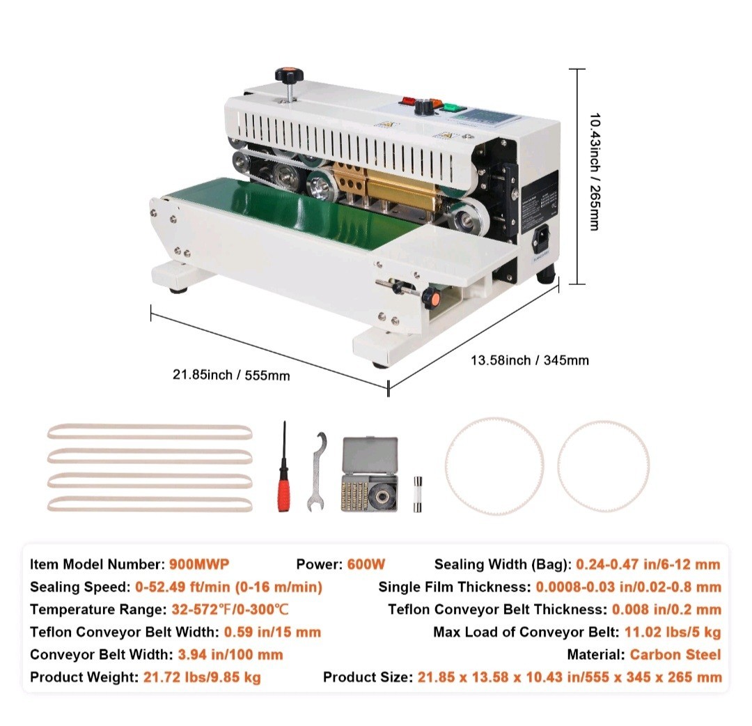 Vevor Continuous Bag Sealing Machine Horizontal Carbon Steel .02-.8mm Bag Films