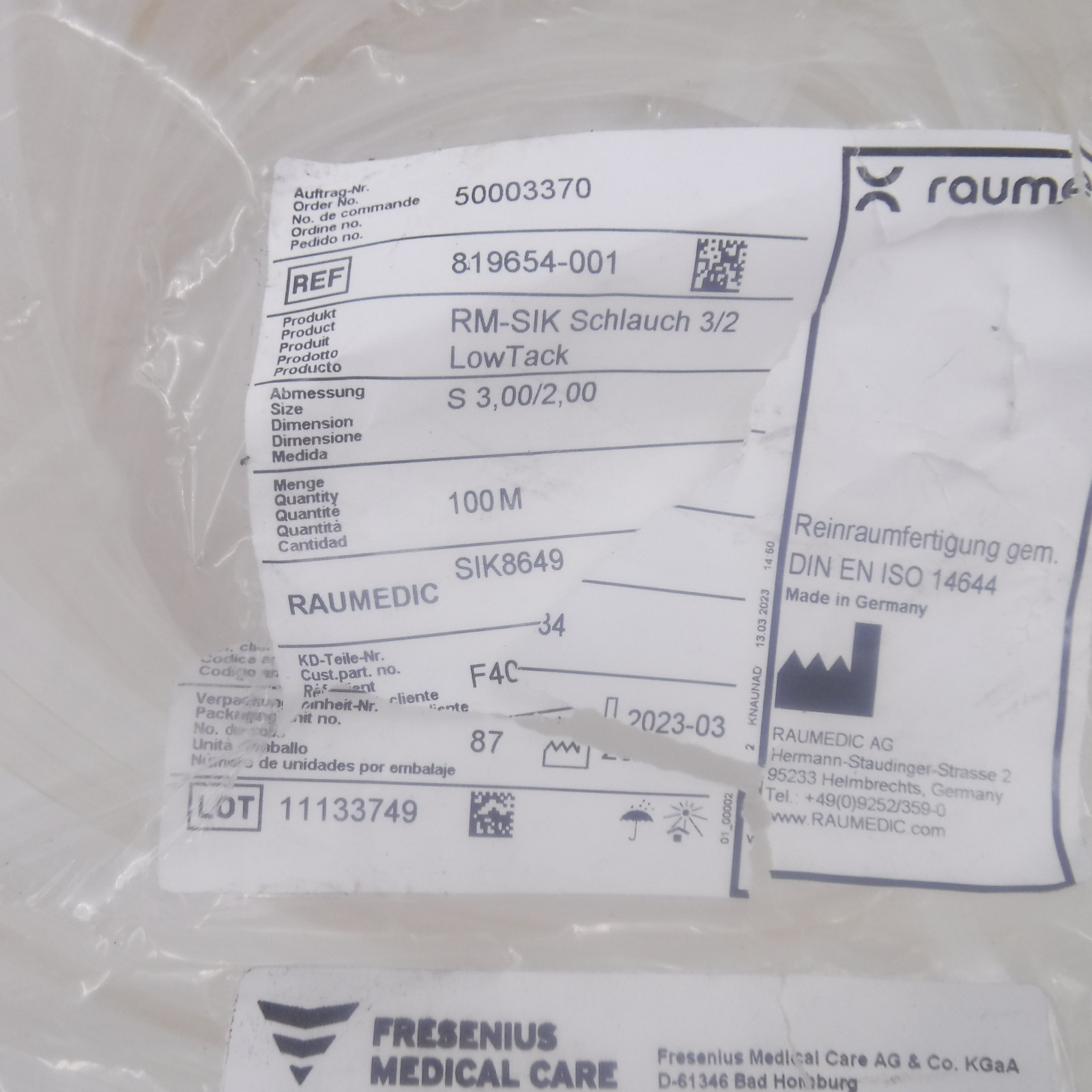 100m Raumedic Clear Medical Grade Silicone Tube 3x2mm Low Tack 819654-001