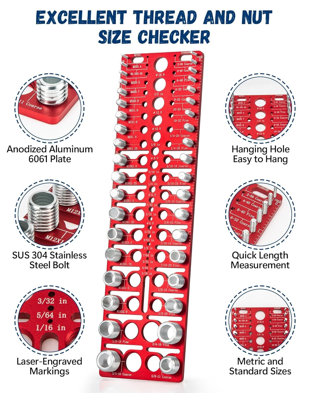 57-Piece Nut and Bolt Thread Checker, Standard & Metric Gauge, Drill & Screw Siz