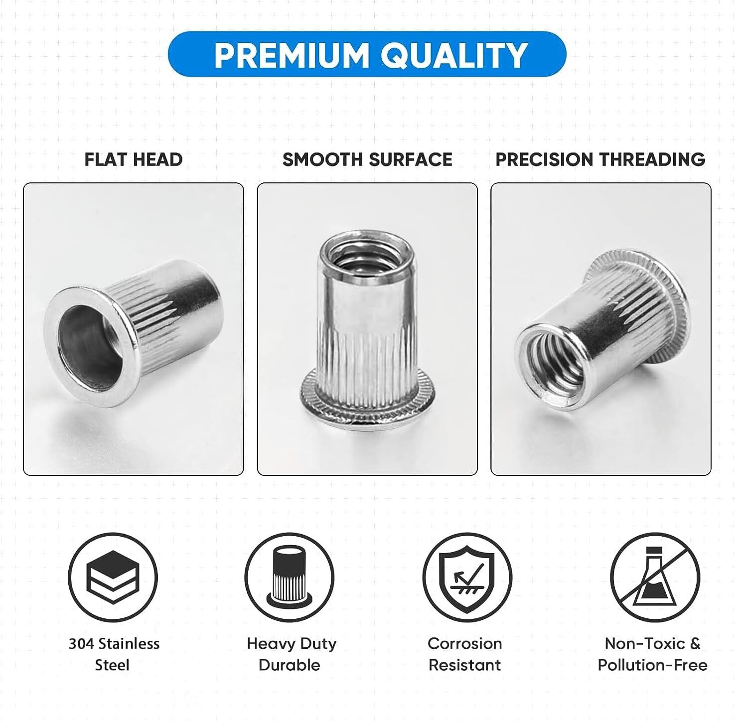 615X Rivet Nut Tool Kit Stainless Steel 304 Flat Head Rivnut Threaded Insert Nut
