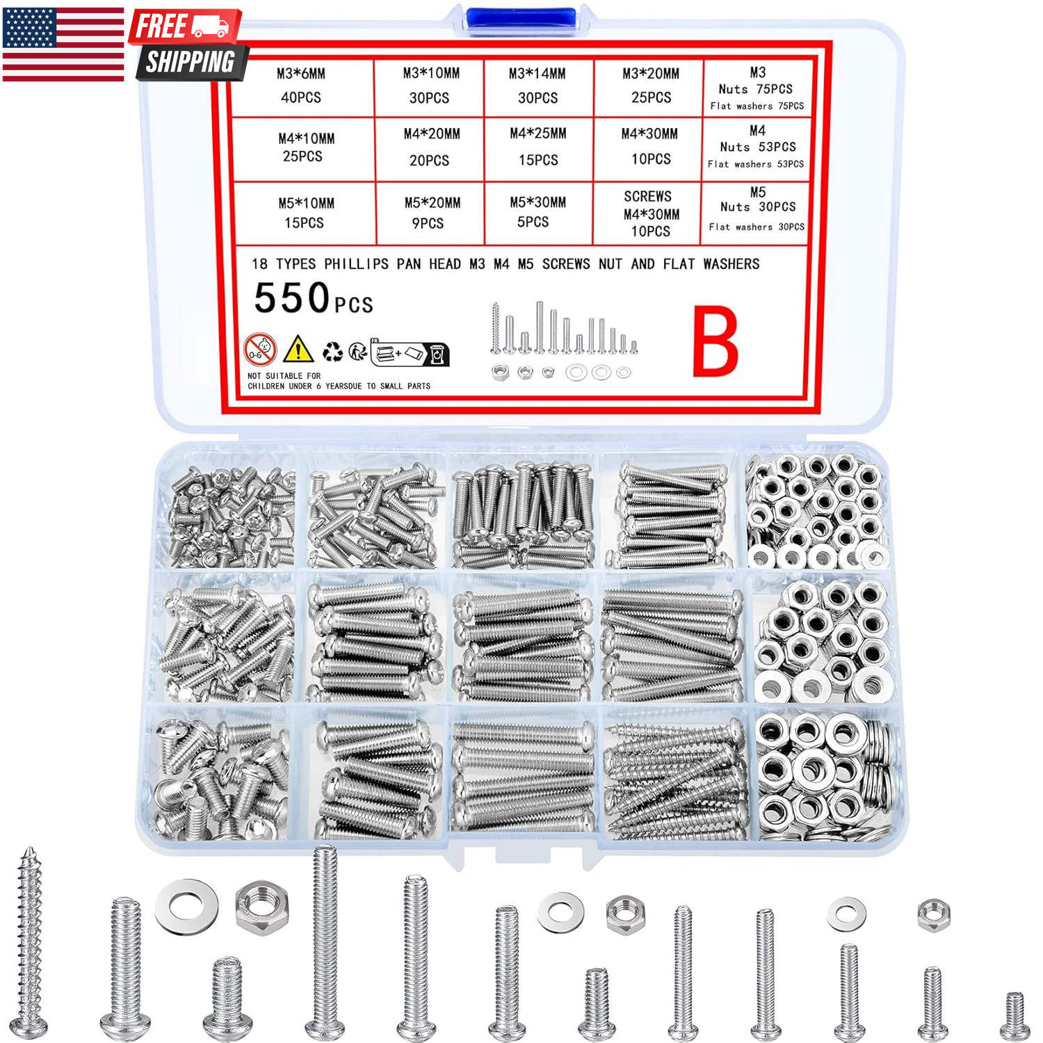 1080 Pcs Screws Bolts & Nuts Assortment Kit Metric Machine Screws & Nuts & Flat