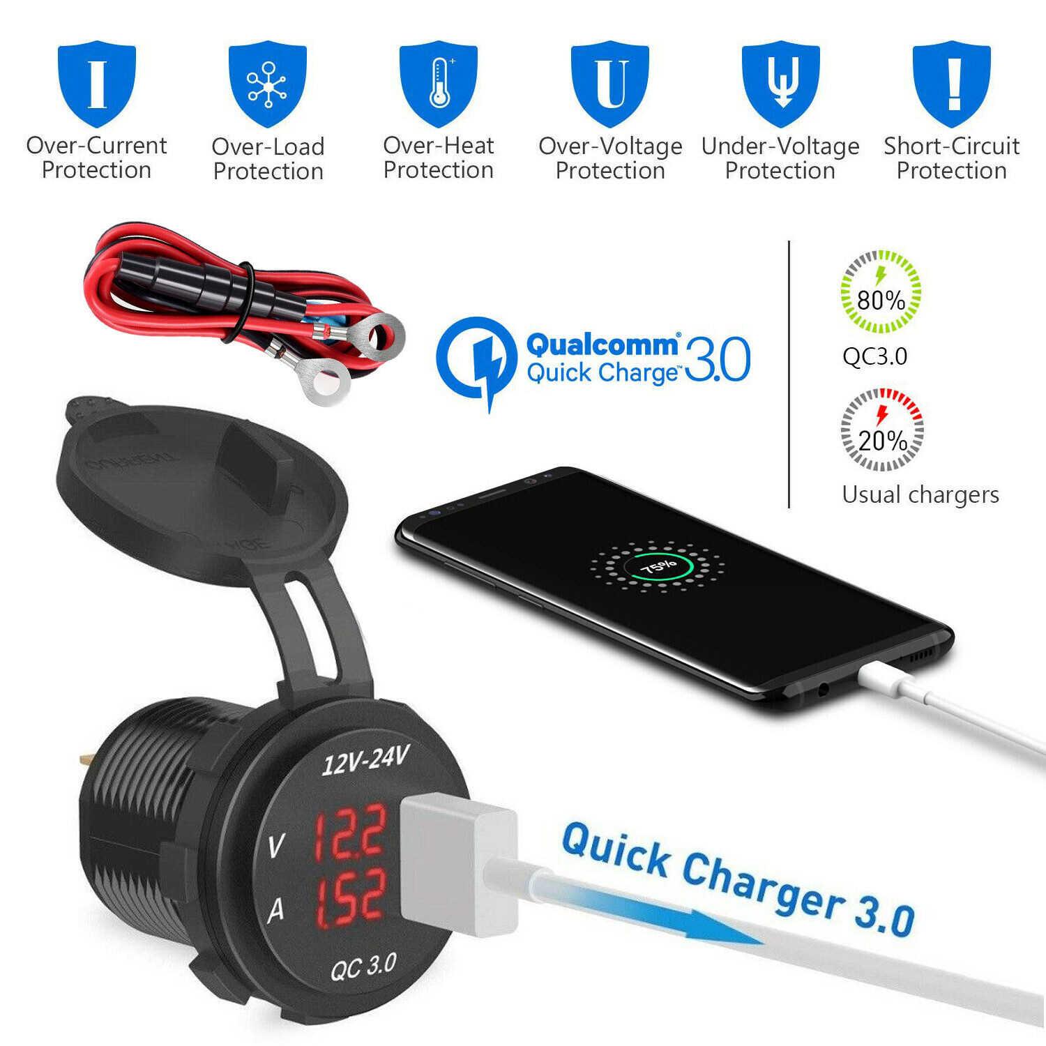 12V-24V Dual USB Charger LED Digital Display Voltage Amp Gauge Ammeter Voltmeter