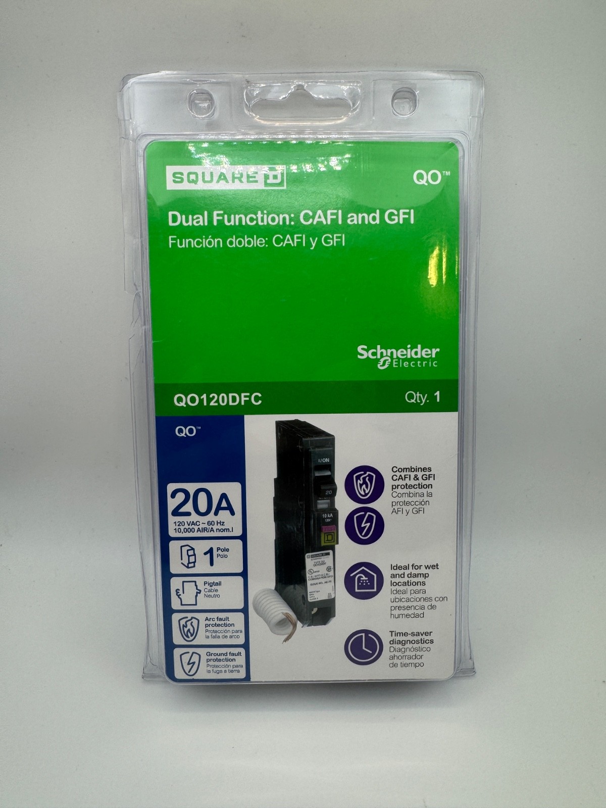 Square D QO120DFC 20A 1 Pole Pigtail Circuit Breaker New In Box Free Shipping