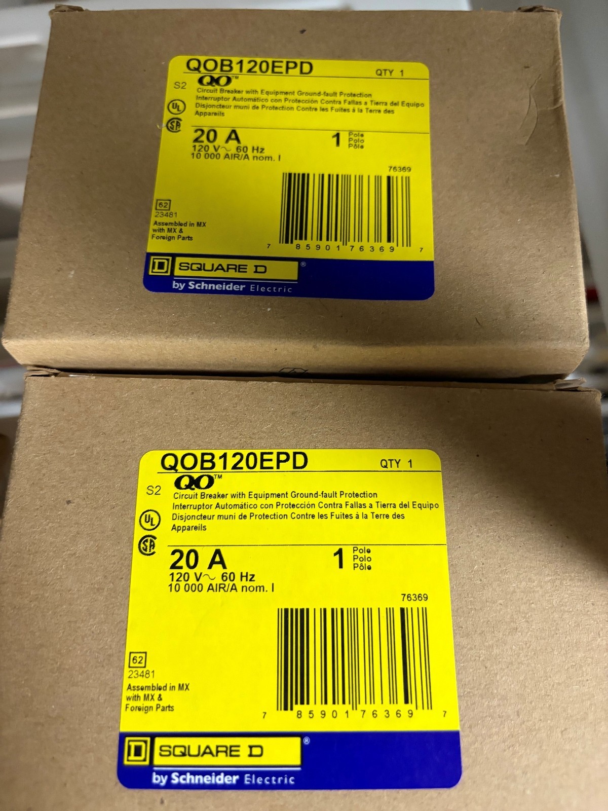 Square D QOB120EPD Circuit Breaker w/ Equipment Ground-fault Protection 20A 1P
