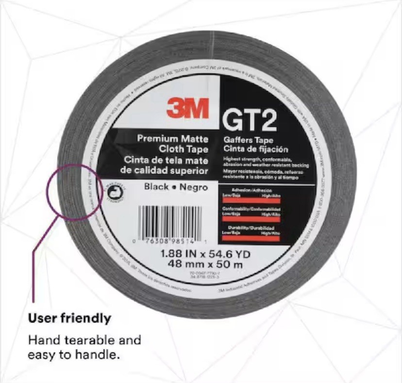 3M™ Premium Matte Cloth (Gaffers) Tape GT2 Black, 1.88″ IN x 54.6′ YD