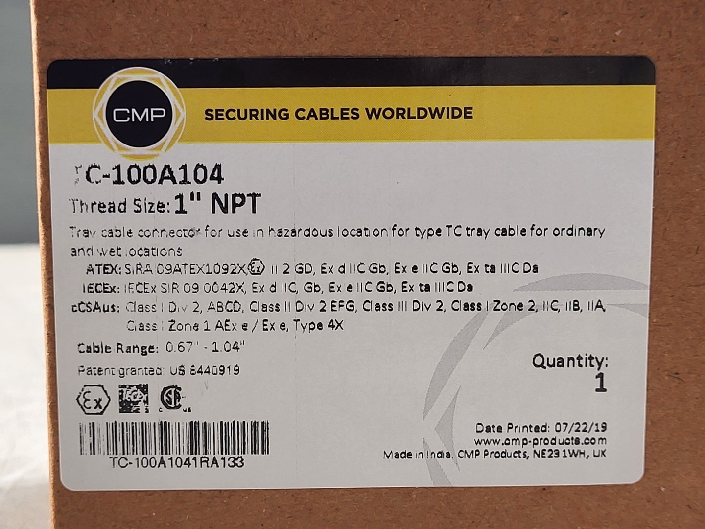 SURPLUS NEW CMP TC-100A104 1″ Cable Gland (Box of 10 pcs) – Conduit & Cable