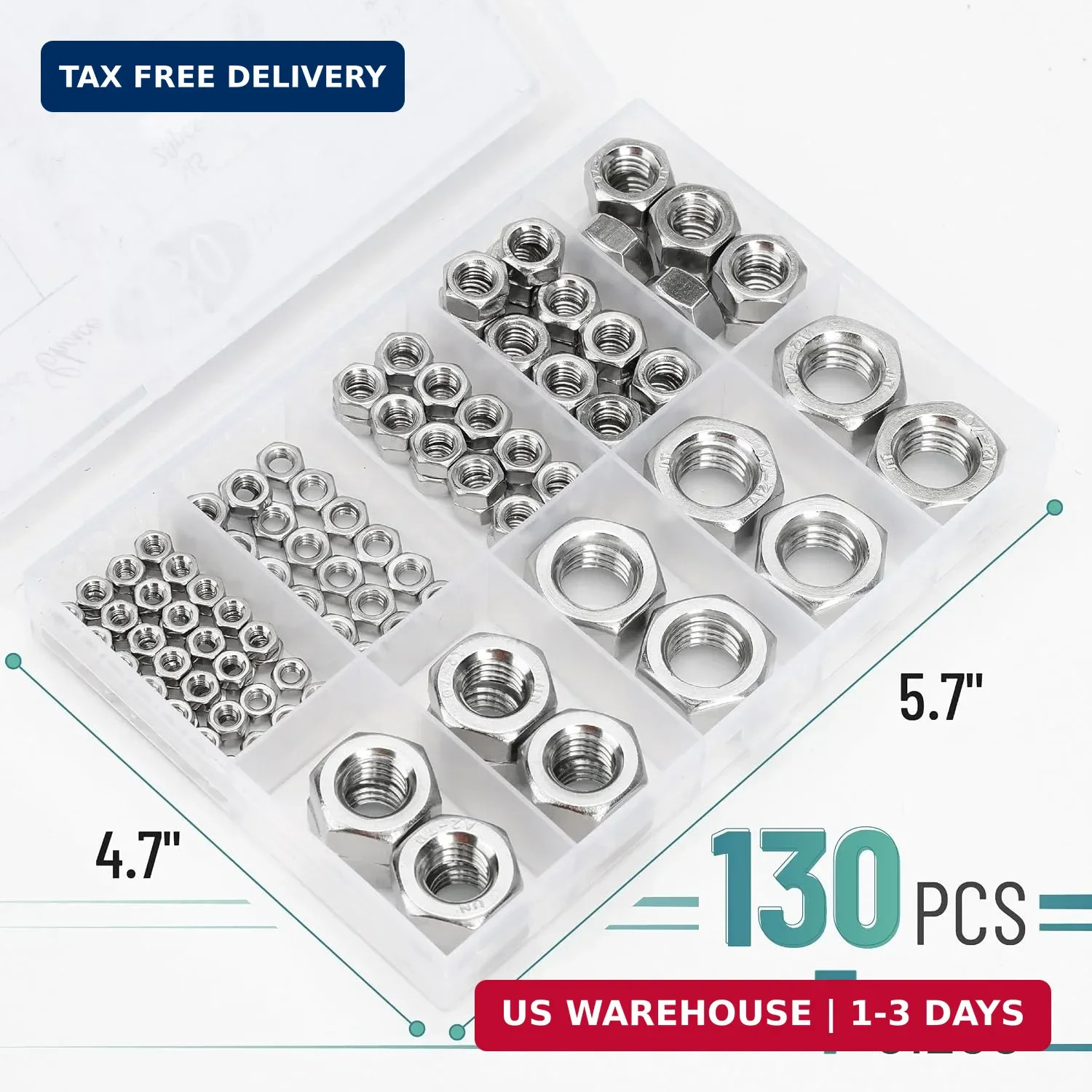 Bates- Metric Hex Nuts Assortment Kit, 7 Sizes, 130 pcs, Stainless Steel, M3 M4