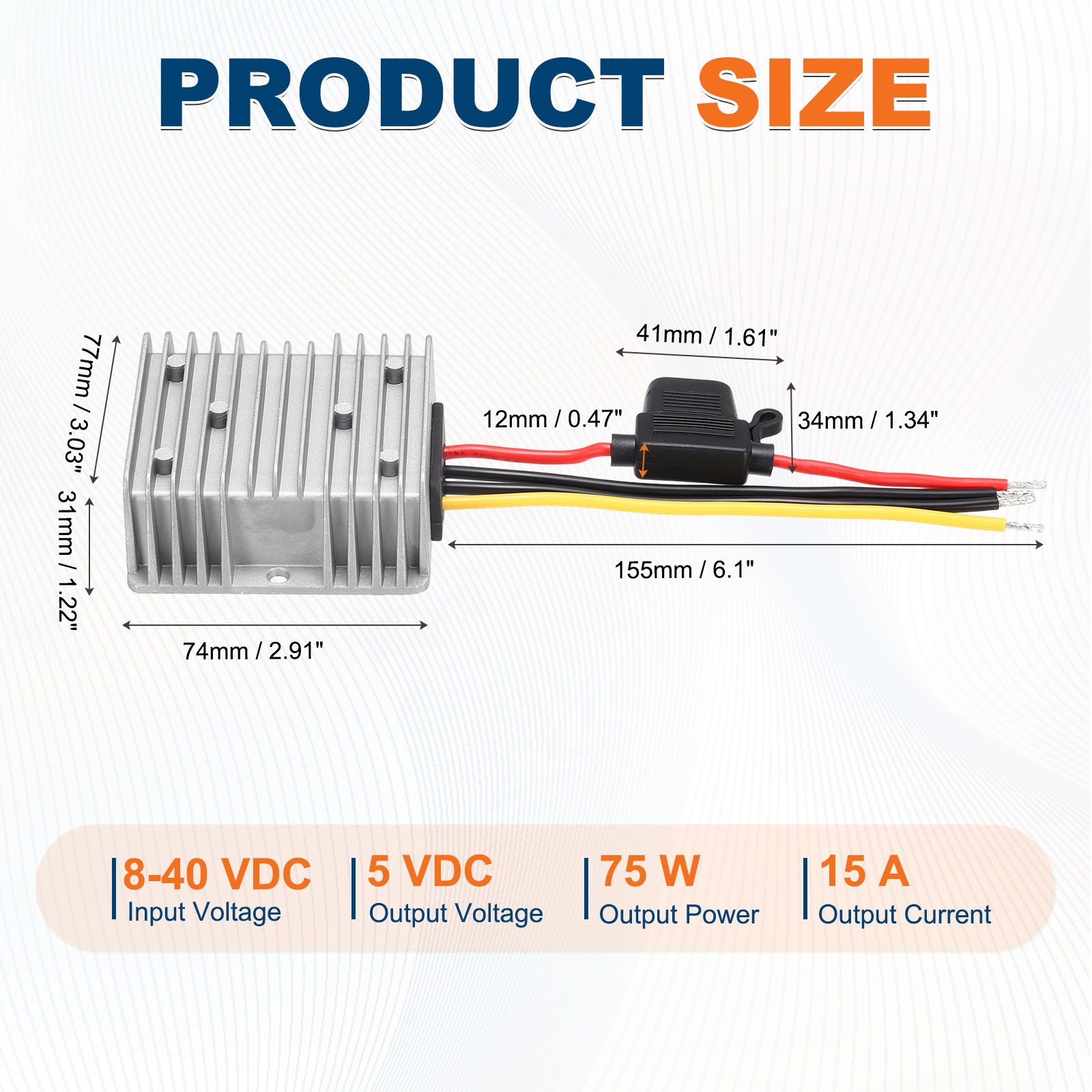 DC 8-40V to DC 5V Power Converter, Output 15A 75W with Fuse for Car Truck
