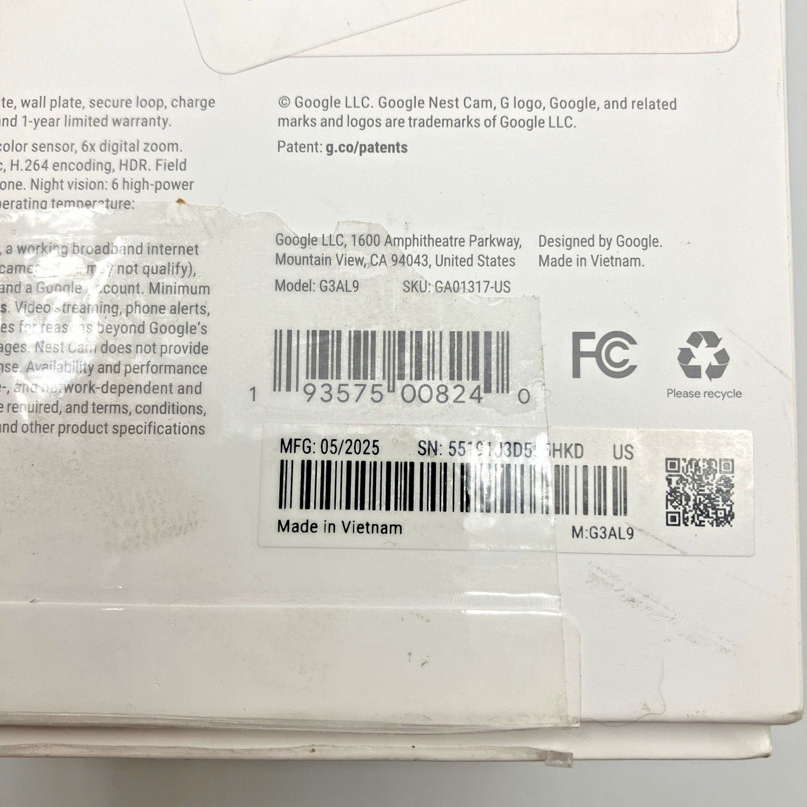 Google Nest Security Indoor Outdoor Camera G3AL9 (Snow) w/ box – Open Box Tested