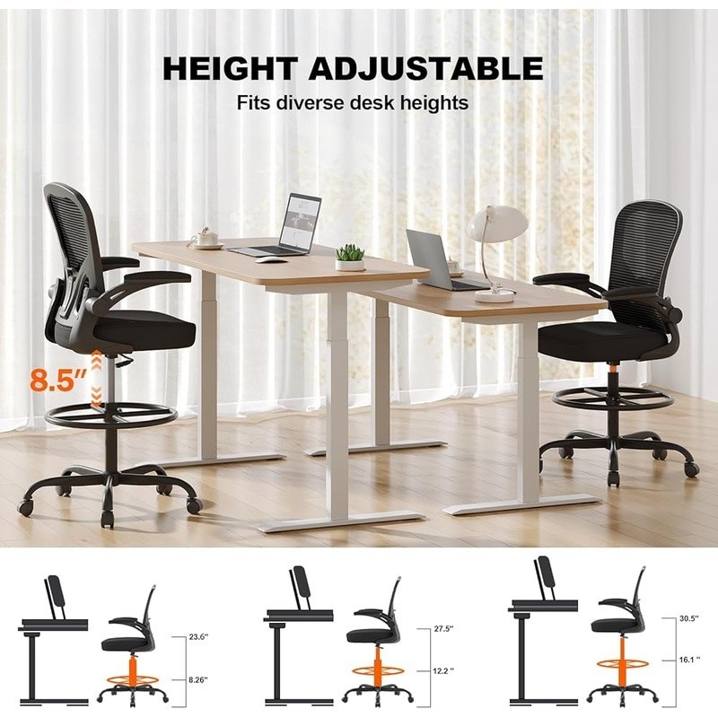 Ergonomic Drafting Chair Adjustable Lumbar Support Flip-up Armrests Footrest