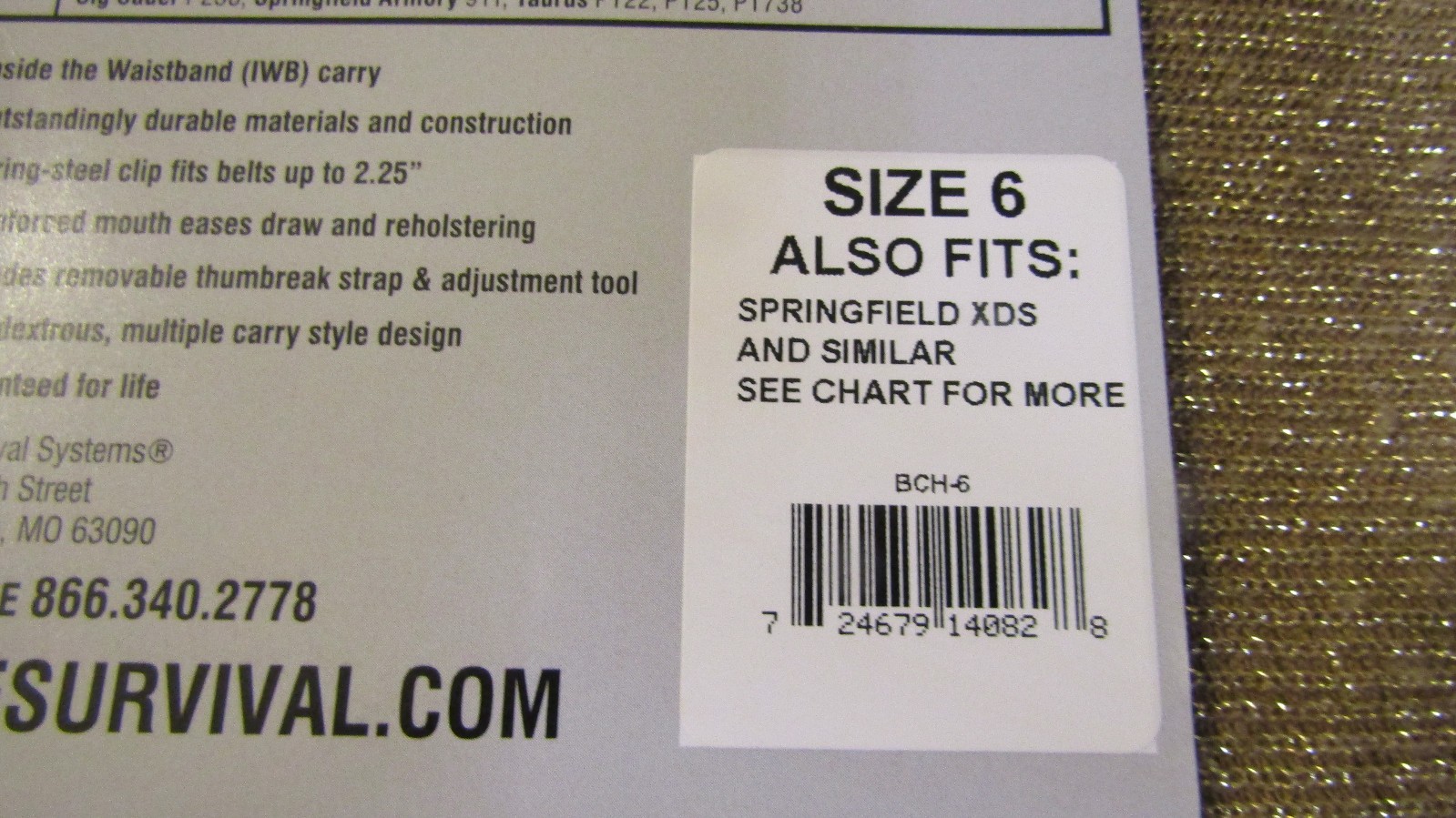 ELITE SURVIVAL SYSTEMS #BCH-6 INSIDE WAISTBAND HOLSTER SIZE-6 NEW, AMBIDEXTROUS