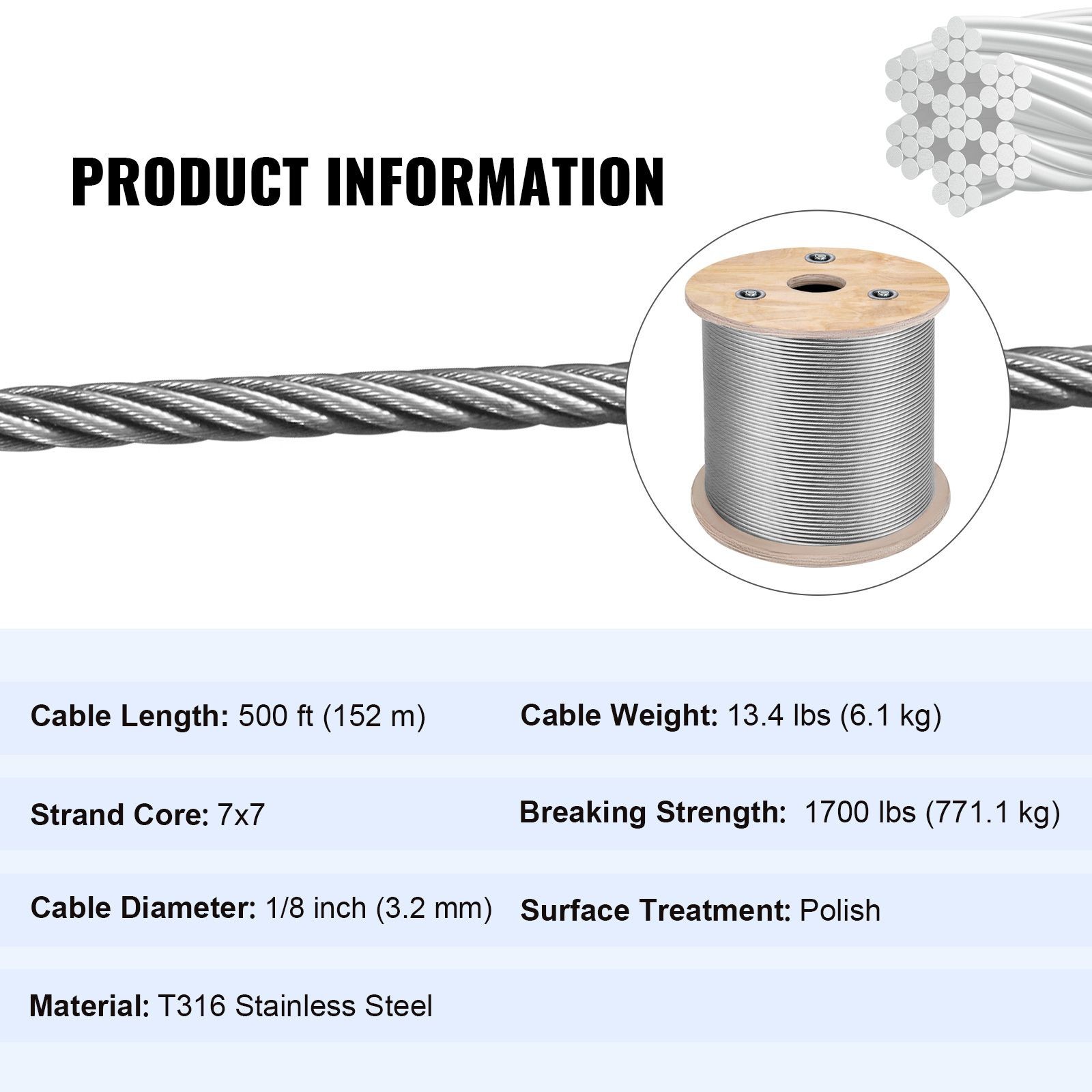 T316 Stainless Steel Cable 1/8″ 7×7 Steel Wire Rope Cable 500FT Cable Railing