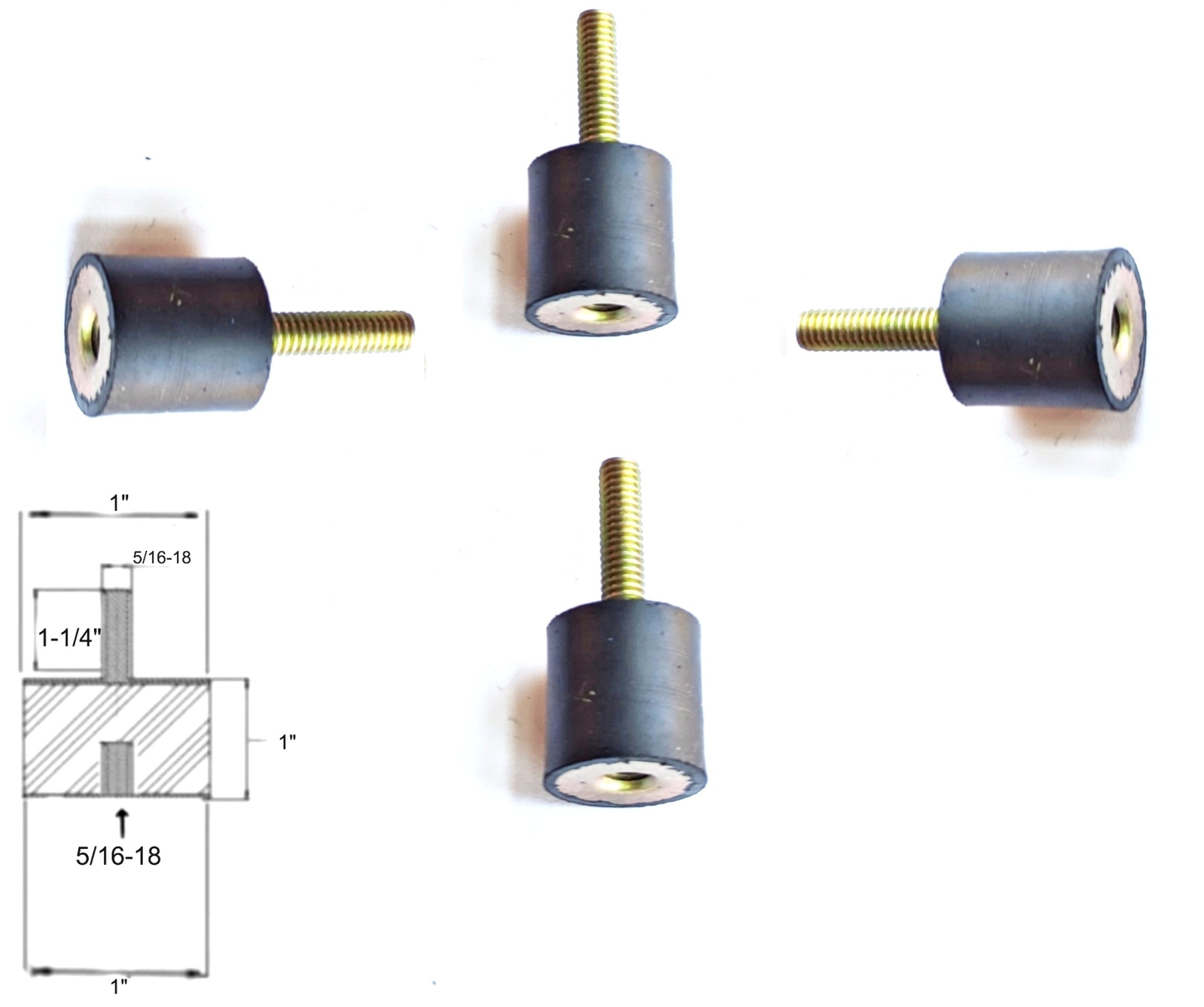 4 Rubber Vibration Isolator Mounts (1 Dia x 1″ Thk) 5/16-18 x 1-1/4″ Long Stud