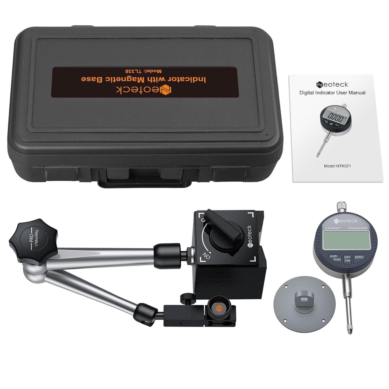 Digital Dial Indicator Gauge and Magnetic Base Set with Storage Case 0-1 Inch/ 2