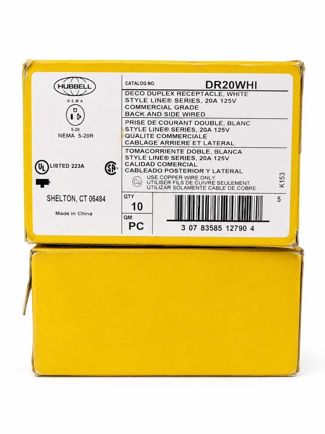 Hubbell DR20WHI Duplex Receptacle 20A 125V White 10-Pack Back/Side Wired