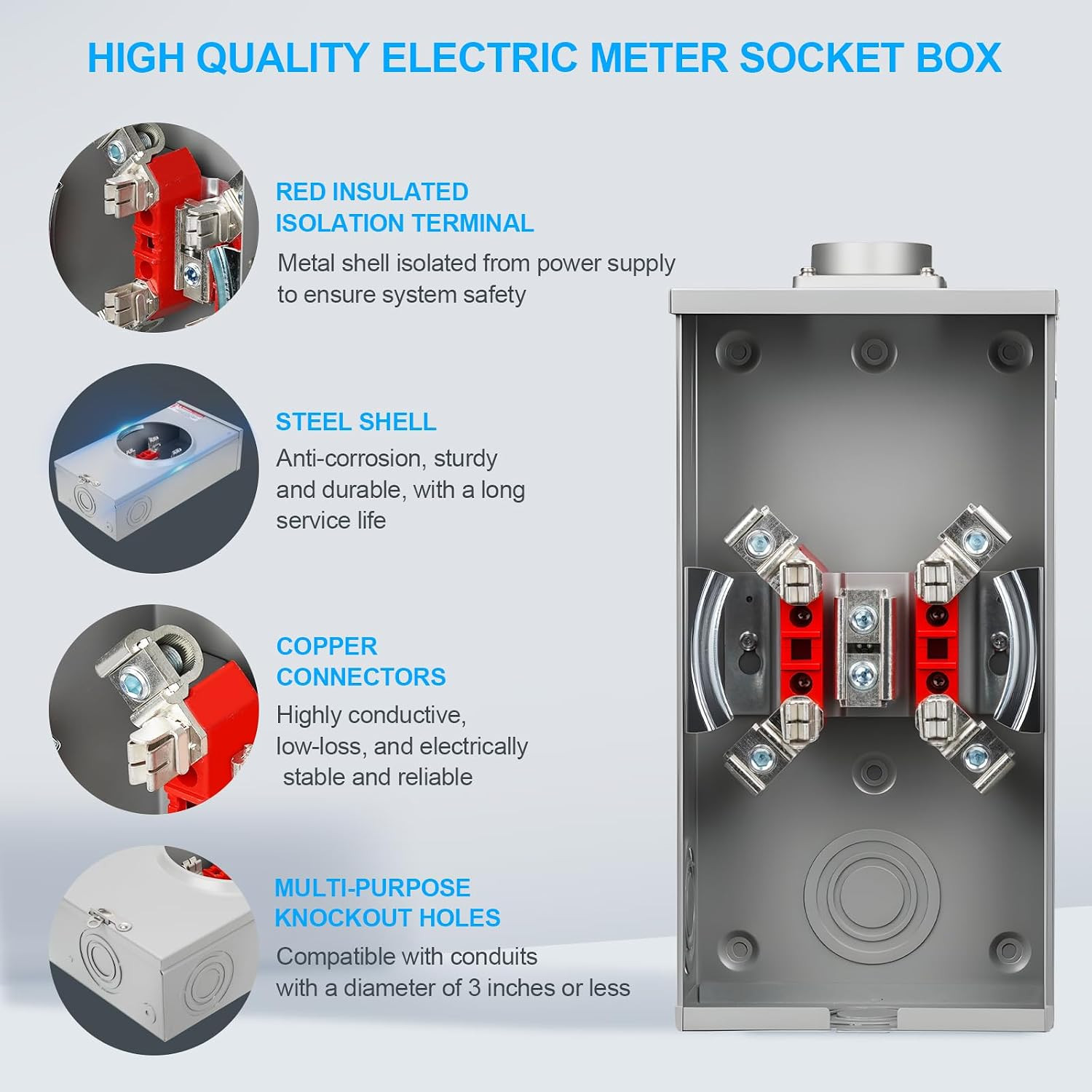 200 Amp Meter Socket, 4 Jaw Meter Base, 600V 3 Wire Ringless Type, with Horn Byp