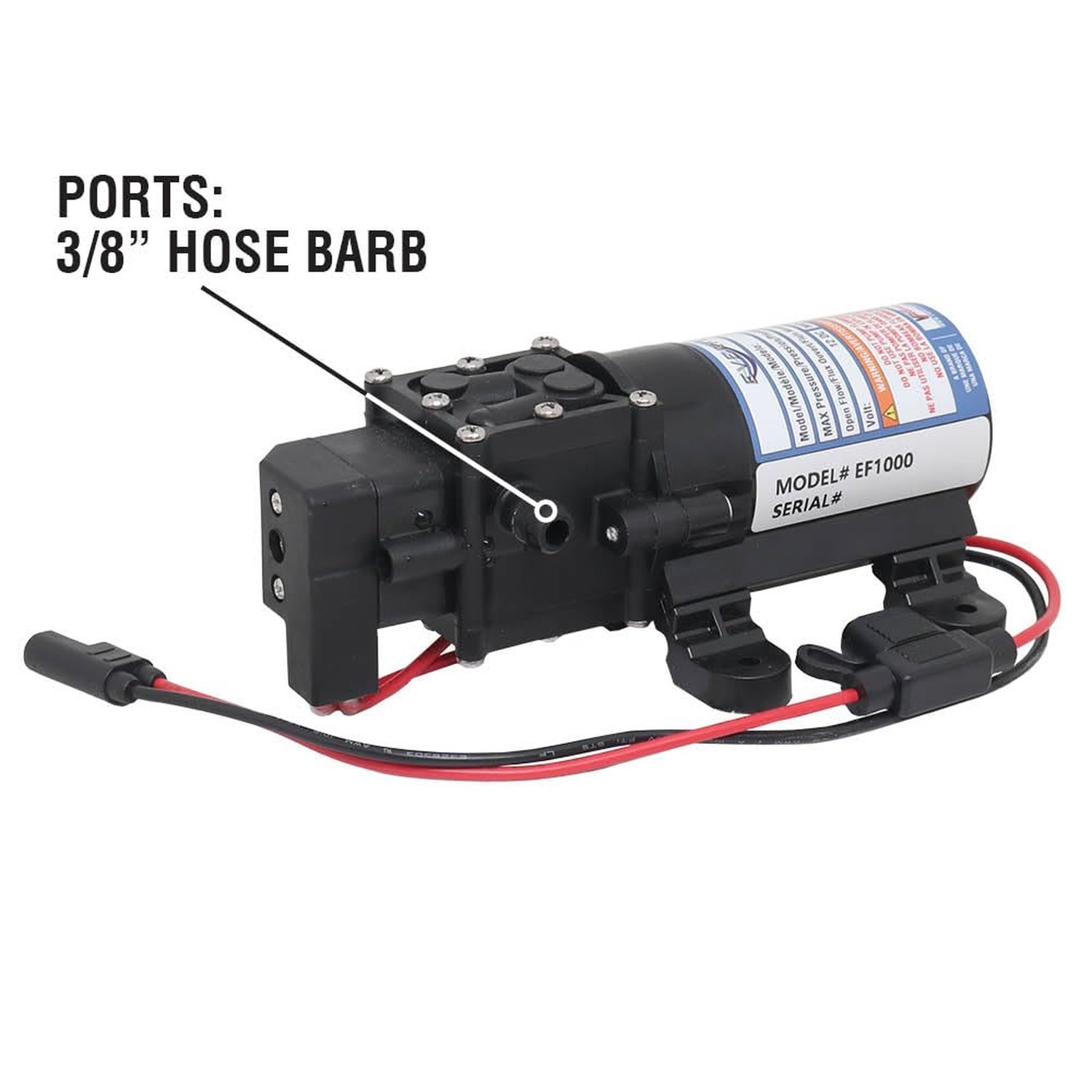 Everflo EF1000-BOX 12V Diaphragm Pump with 3/8″ Hose Barb Ports, 1.0 Gpm