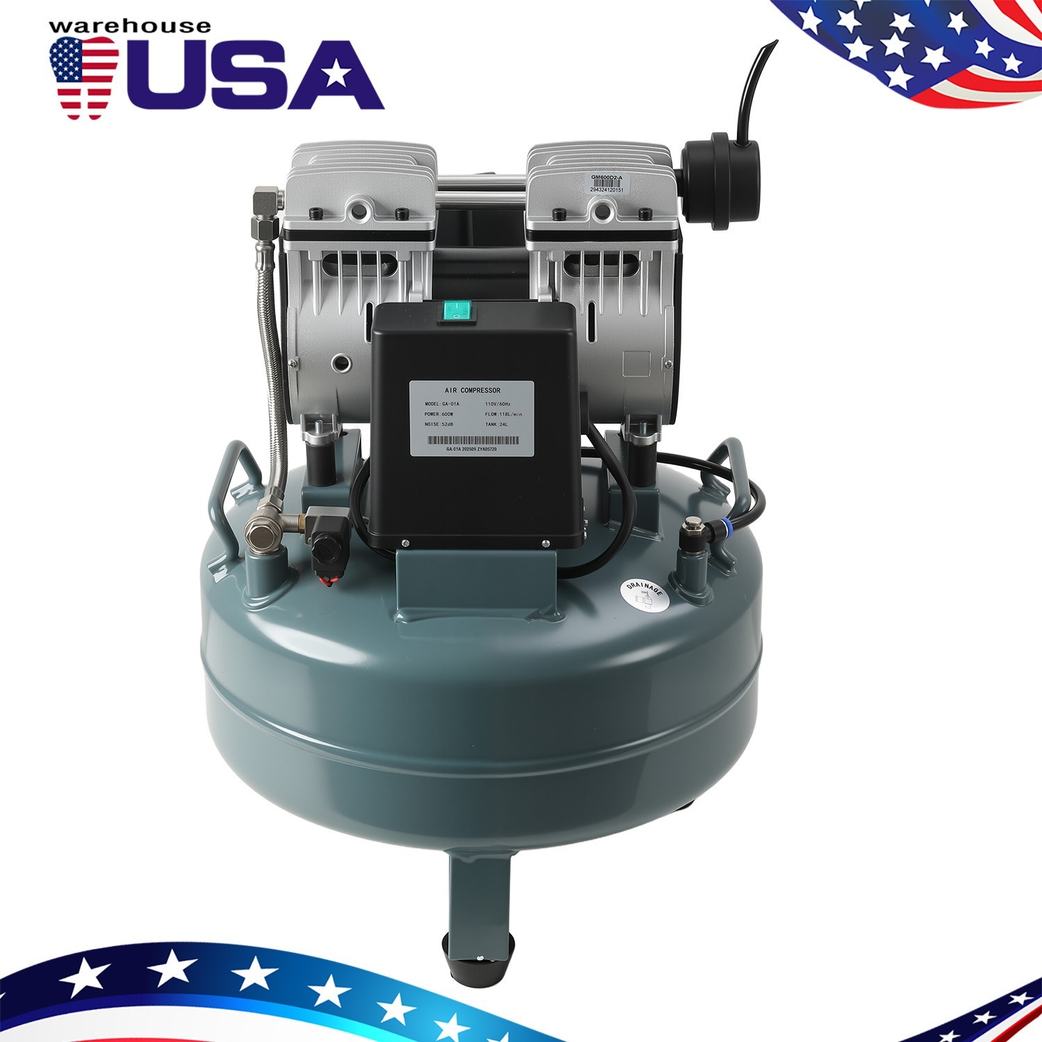 600W 24L Portable Dental Air Compressor Oil Free Silent Air Pump 110V