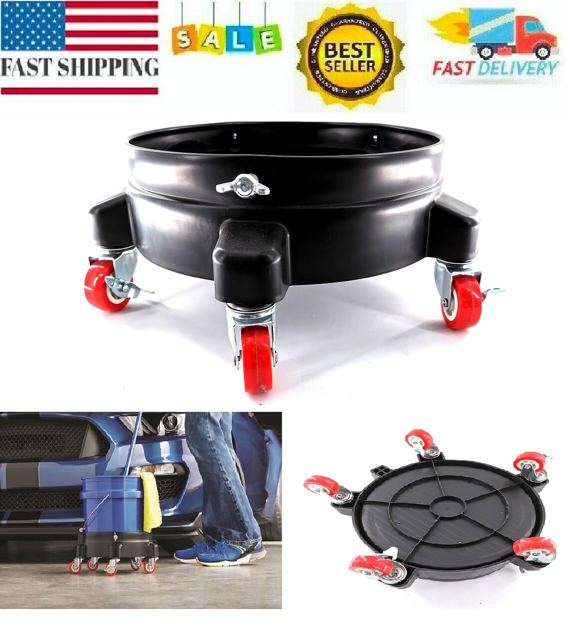 Heavy Duty 5 Gallon Auto Drive durable Bucket Dolly Mop Wash Drum Cart Rolling.