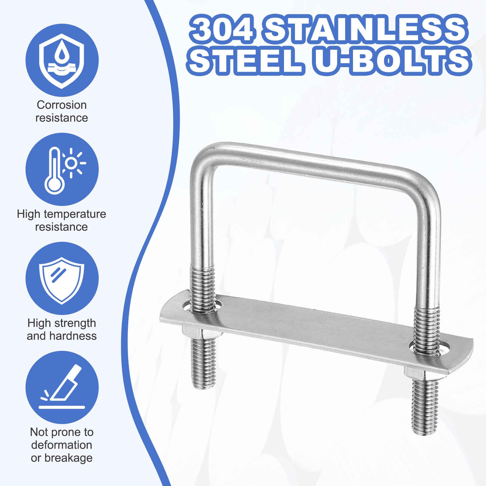 2Pcs M10 Square U-Bolts, 3.19In(81mm) Inner Width 7.87In(200mm) Long