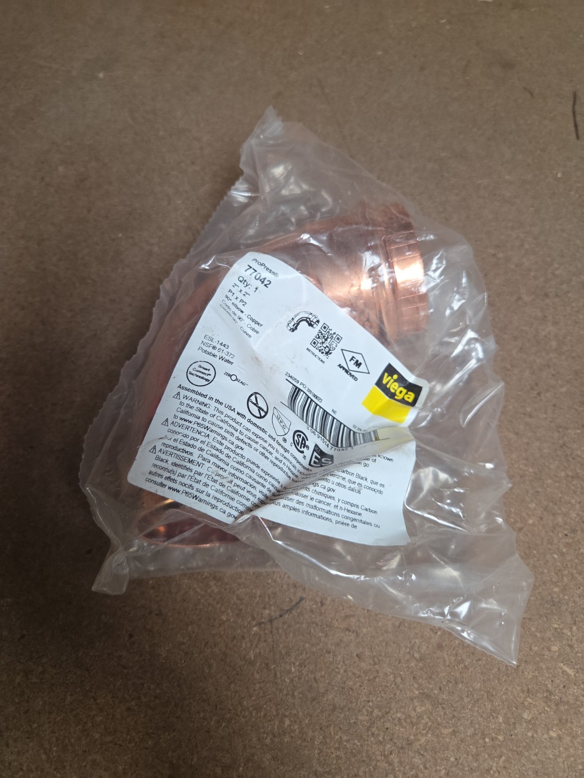 2″ Viega ProPress 90 Degree Elbow Copper 2″x2″ P-to-P 77042 Pro Press 90