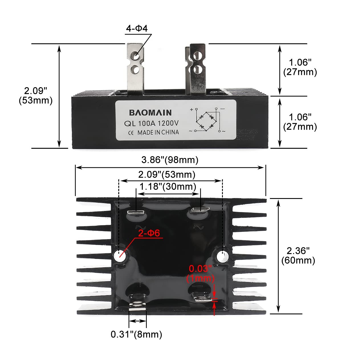 Baomain 100A Amp 1200V Volt Diode Bridge Rectifier Metal QL100A