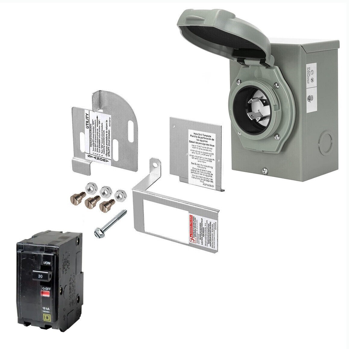 4000-7500 Watt Generator Interlock Kit w/ 30A Inlet Box for Square D QO Panel