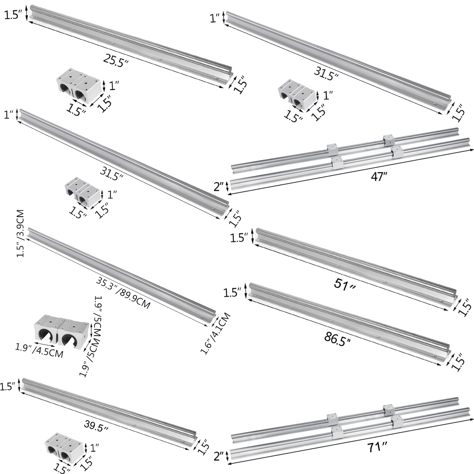 2X SBR20 650-2200mm Linear Rail Fully Supported Shaft Rod with 4X SBR20UU Block
