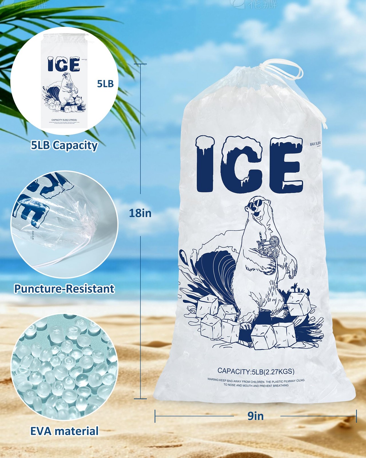 5lb Ice Bags with Drawstring – 50 Pack Reusable Heavy-Duty 50PACK, 5LB