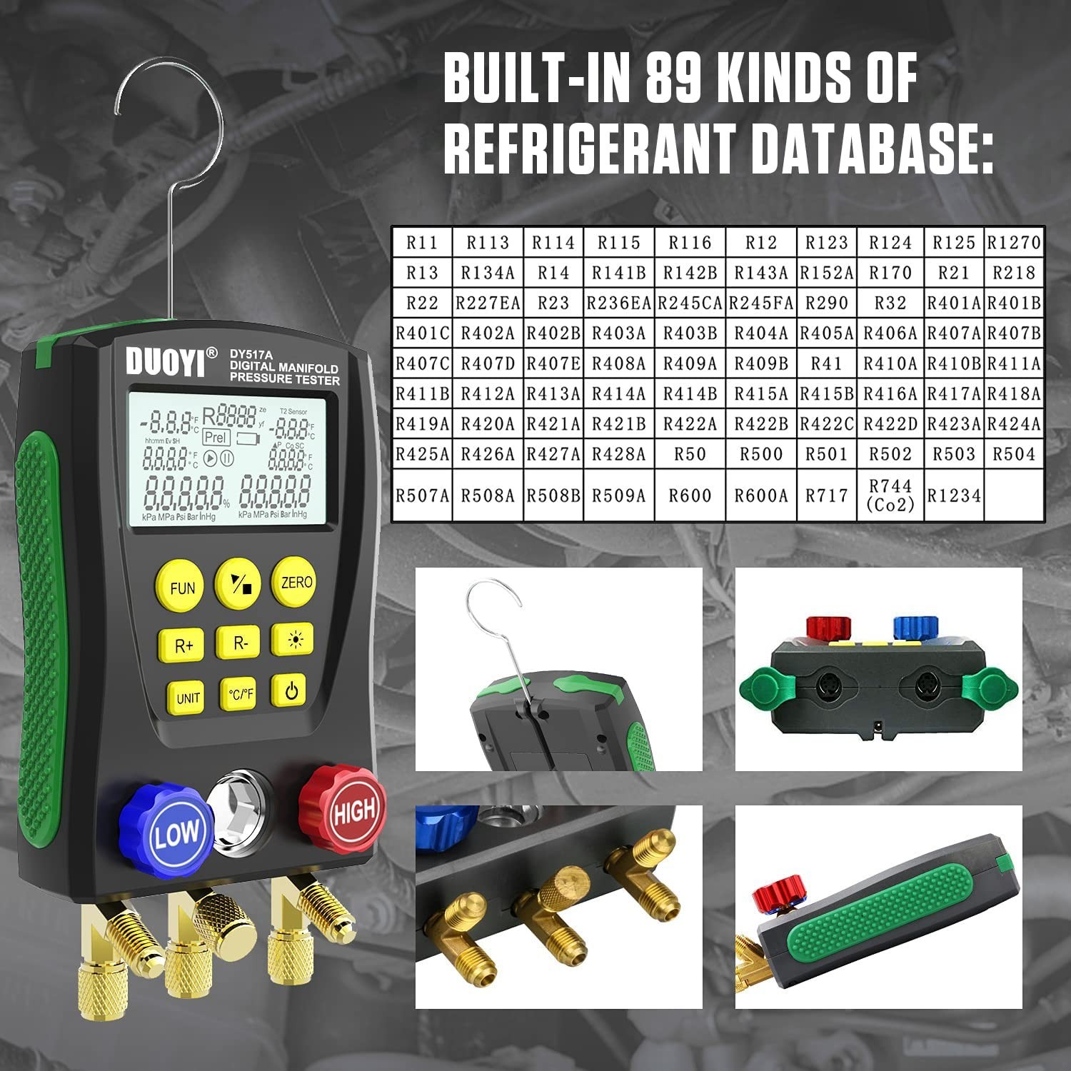Large LCD Digital Manifold Gauge Set with Multi-Unit Switching for HVAC Systems