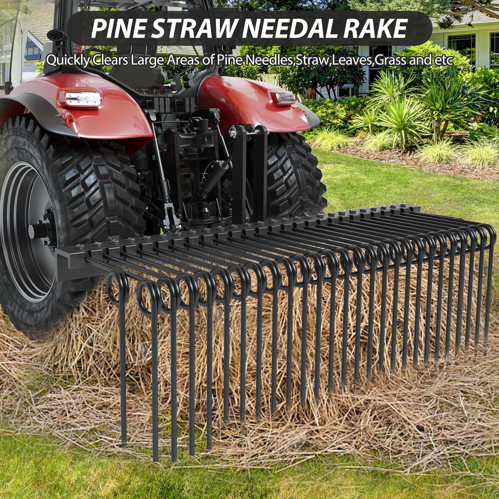 60/72inch Pine Straw Needle Rake 3 Point Steel Spring Tow Behind Landscape Rakes