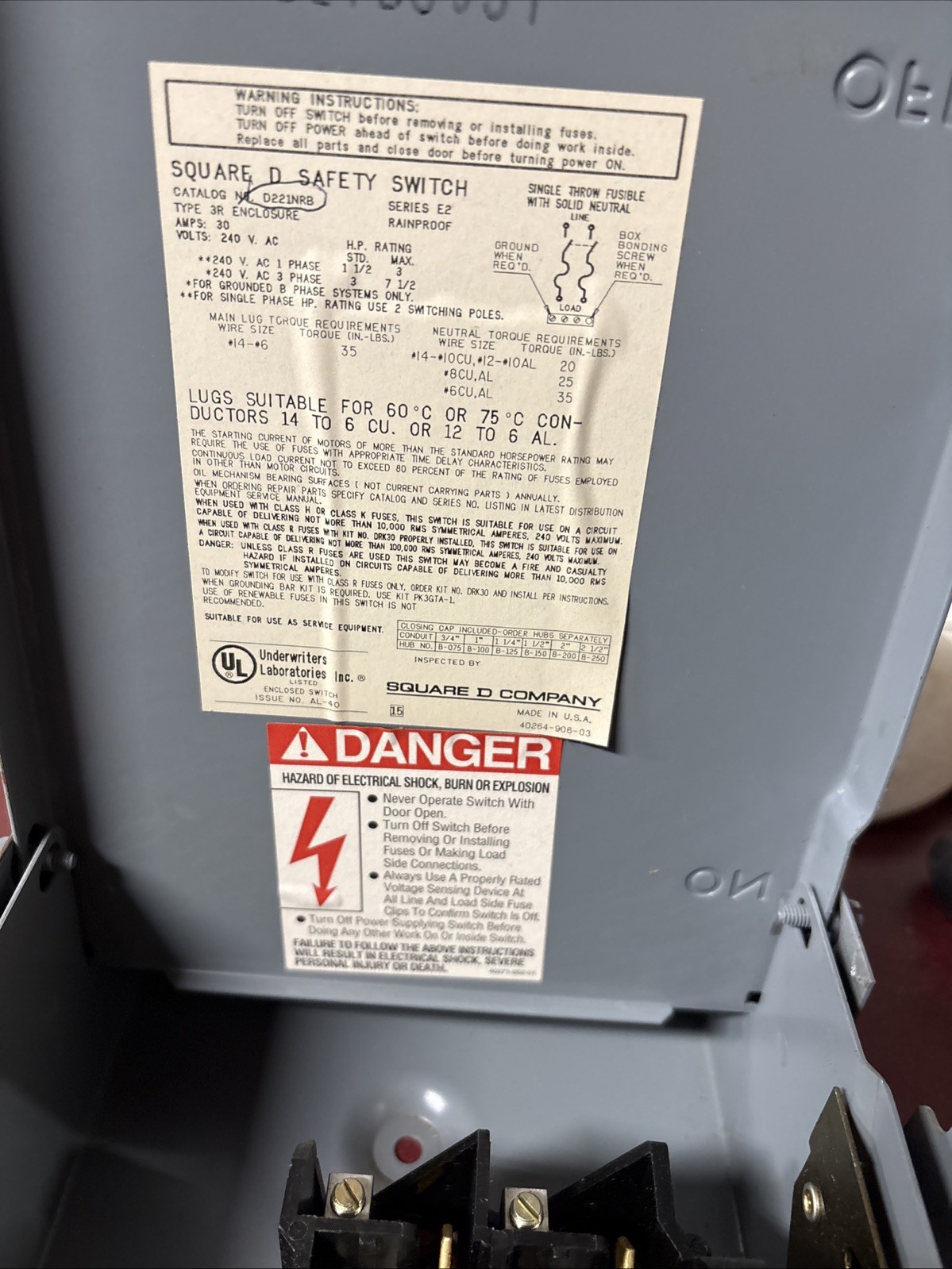 Square D D221NRB General Duty Safety Switch 240VAC 30A