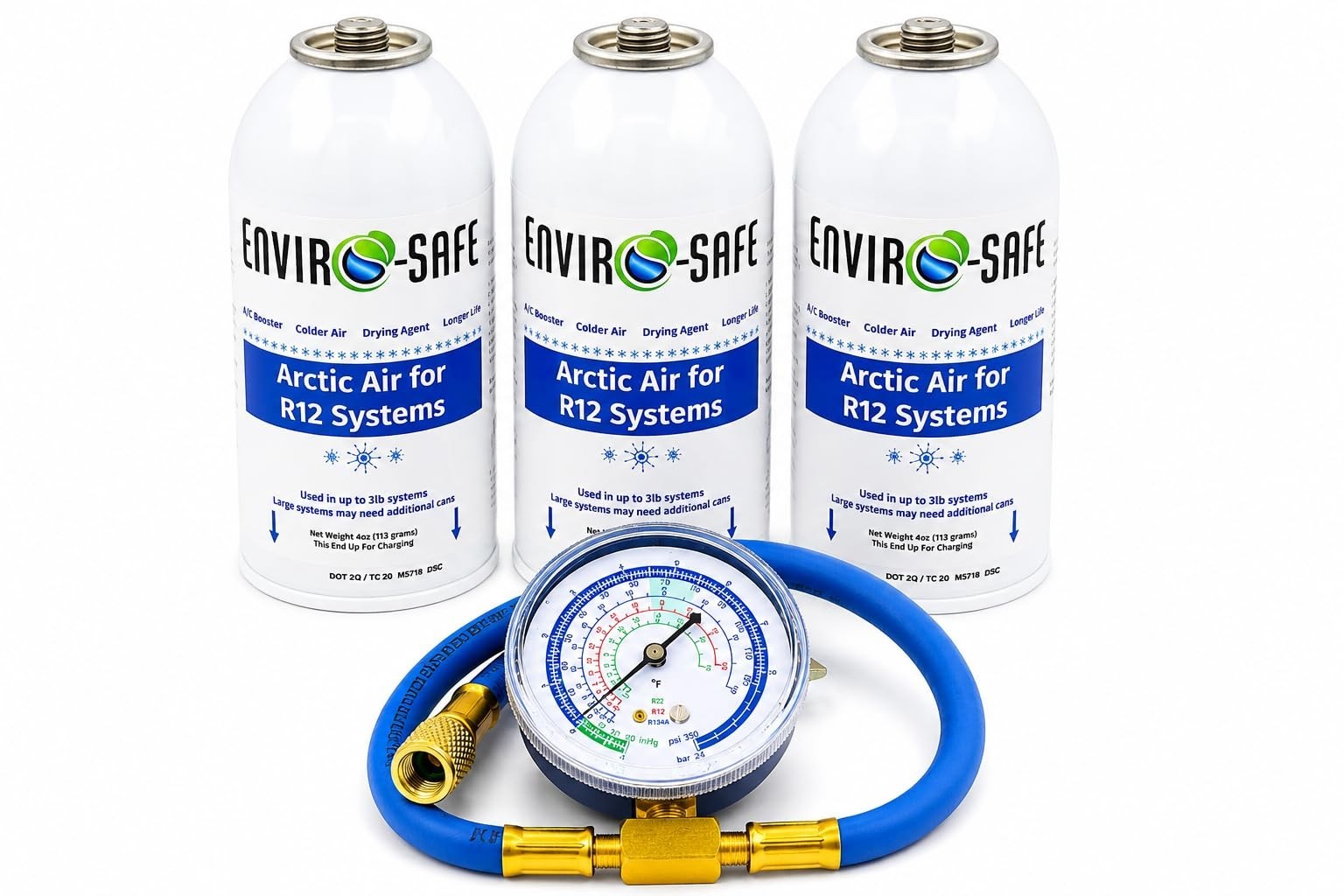 R12 Refrigerant – 3 Cans with Brass Charging Gauge for Air Conditioning Repair