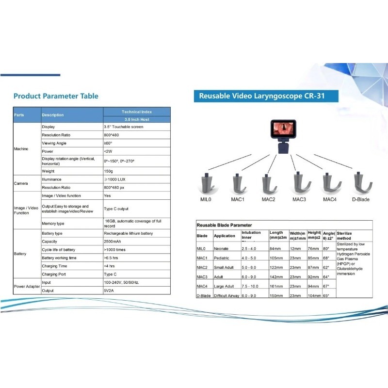 366291170555 Touch Screen Digital Video Laryngoscope Reusable Sterilizable Blade