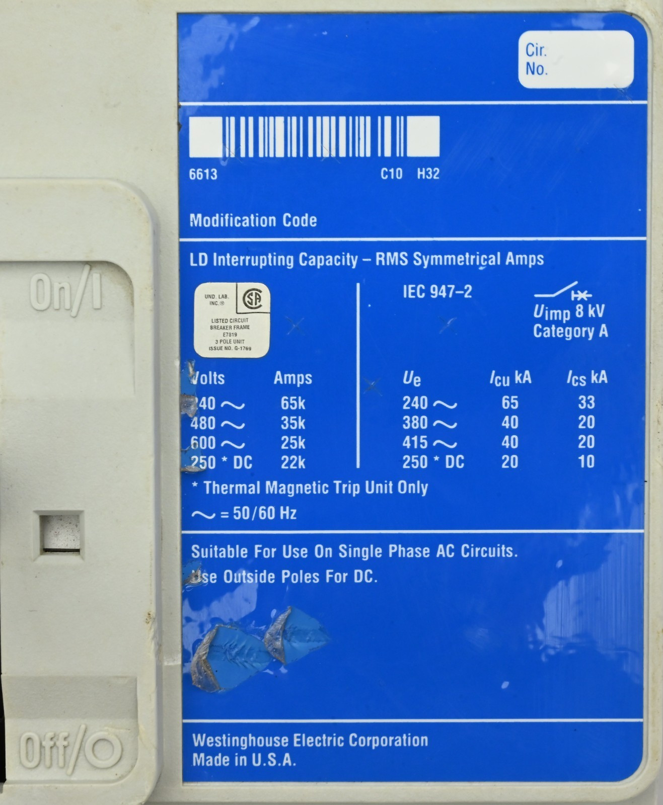 Westinghouse LD3600F Industrial Circuit Breaker 6633C81G03 600A 600VAC/250VDC 3P