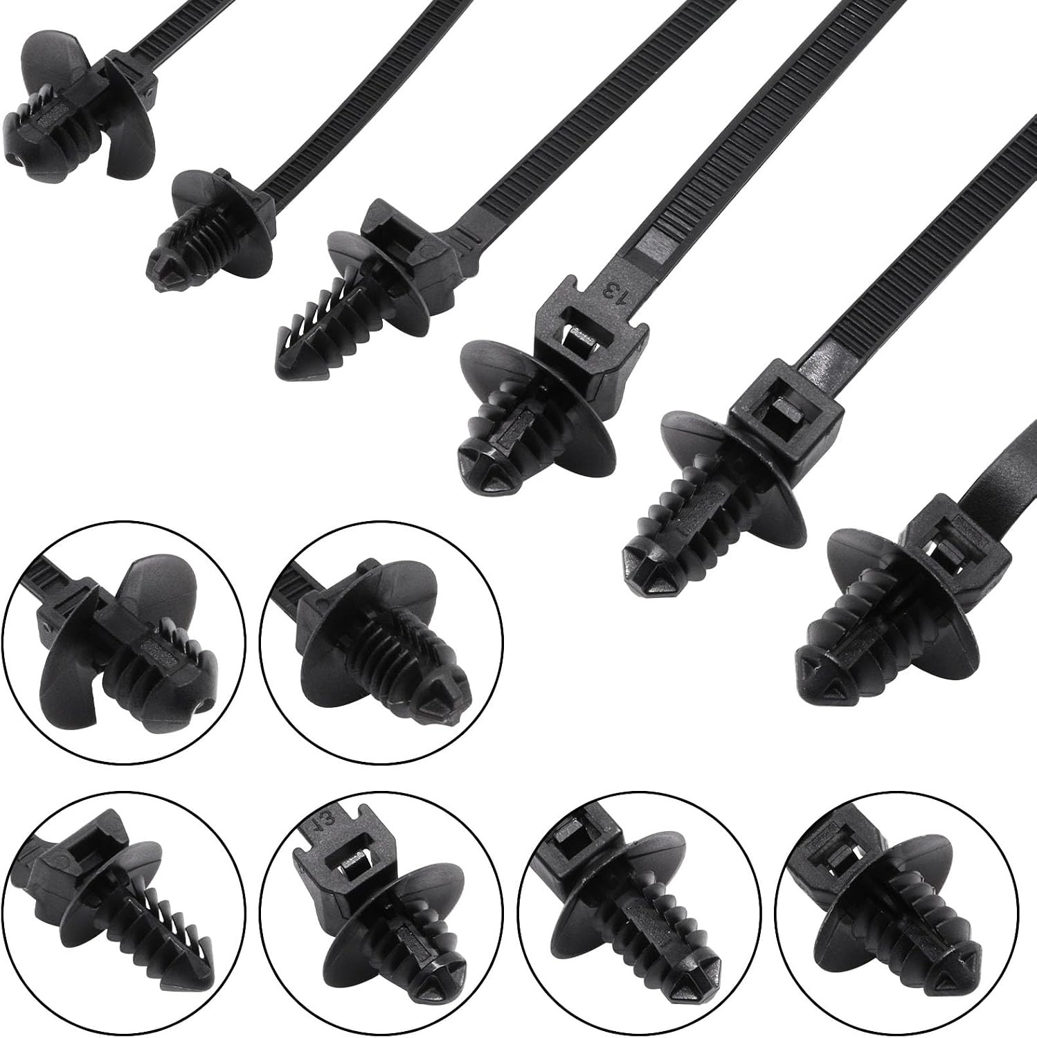60PCS Push Mount Zip Ties Nylon Automotive Cable Ties Wire Harness Clips 6 Types