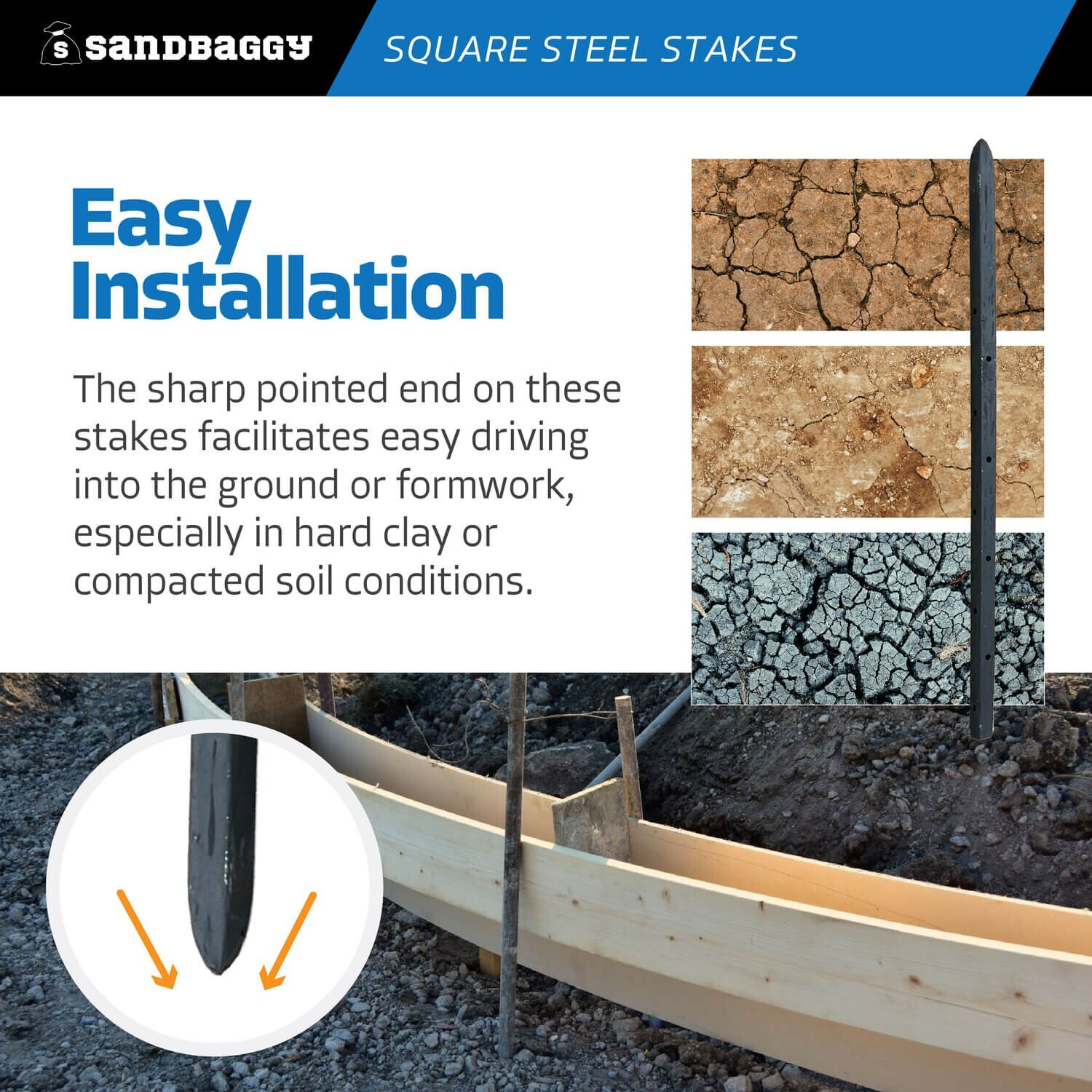Sandbaggy 5/8″ x 18″ Square Steel Concrete Form Stakes w/ Nail Holes – Rebar Pin