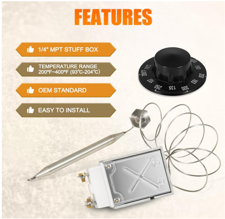Deep Fryer Thermostat Kit 200–400°F | 1/4″ MPT Temp Control w/ Knob Switch