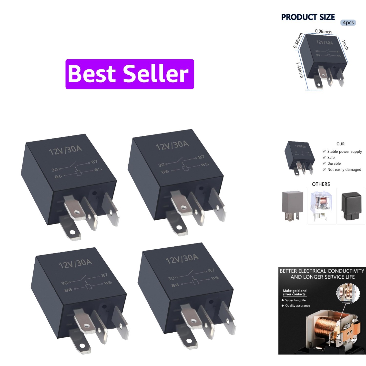 4PCS 4 Pin 30A for Car – Heavy Duty Starter Relay Multi Purpose – Universal A…