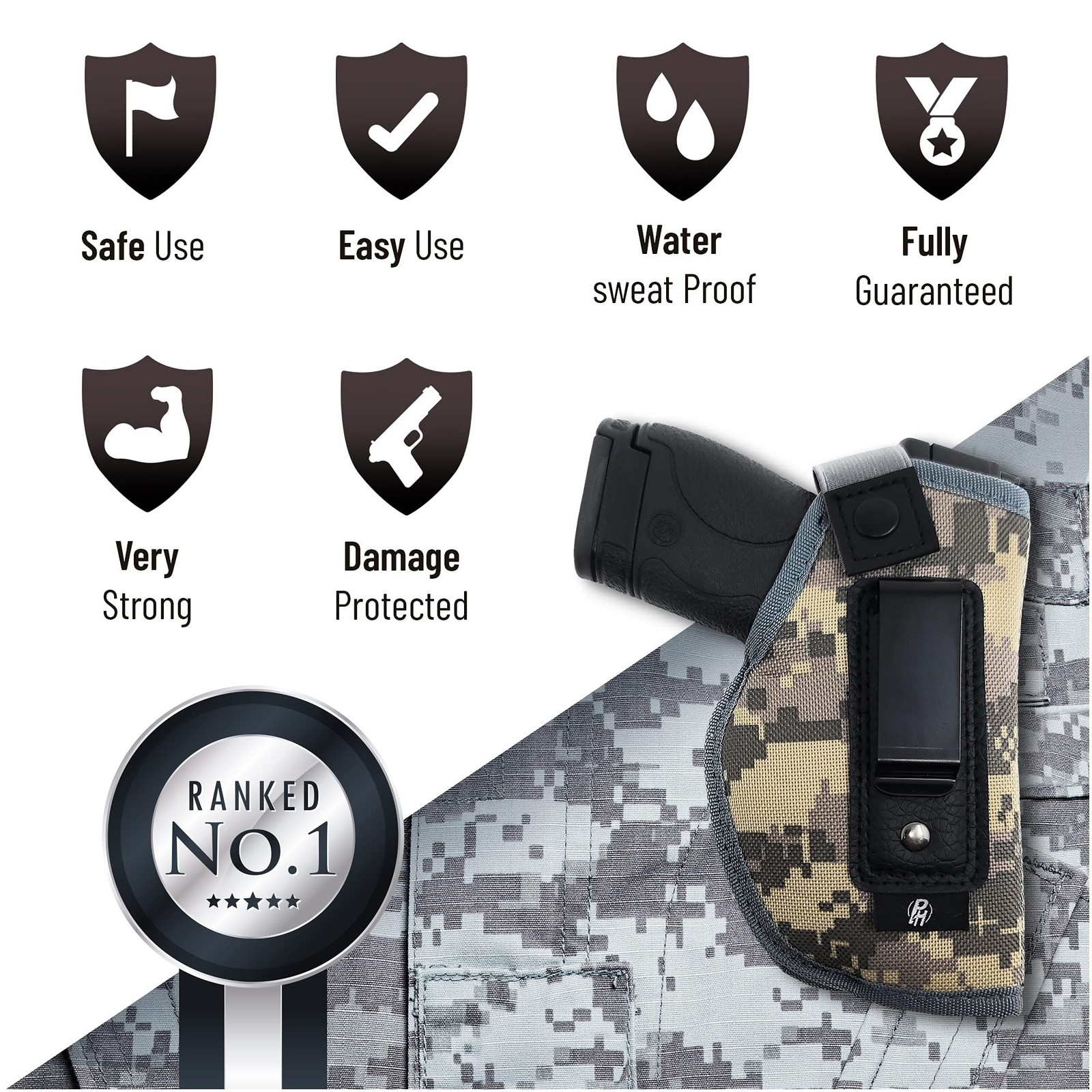 PH Tactical IWB Gun Holster Concealed Carry Camo Nylon Compact 9mm 380 Clip