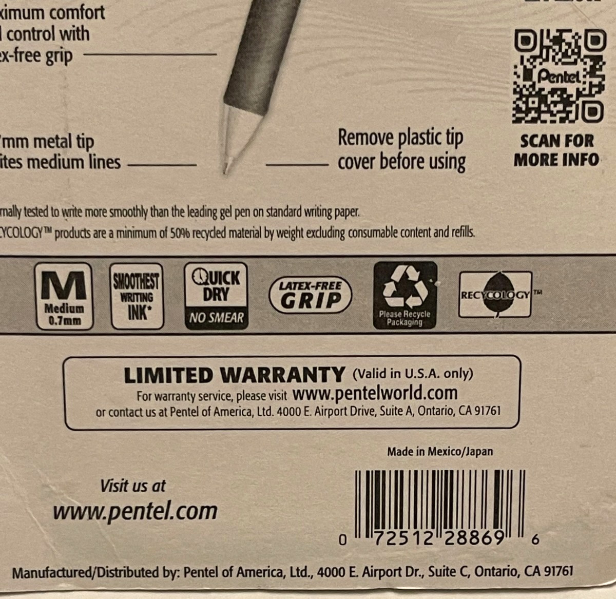 Pentel EnerGel RTX Retractable Liquid Gel Pen, 6 pack Assorted Colors