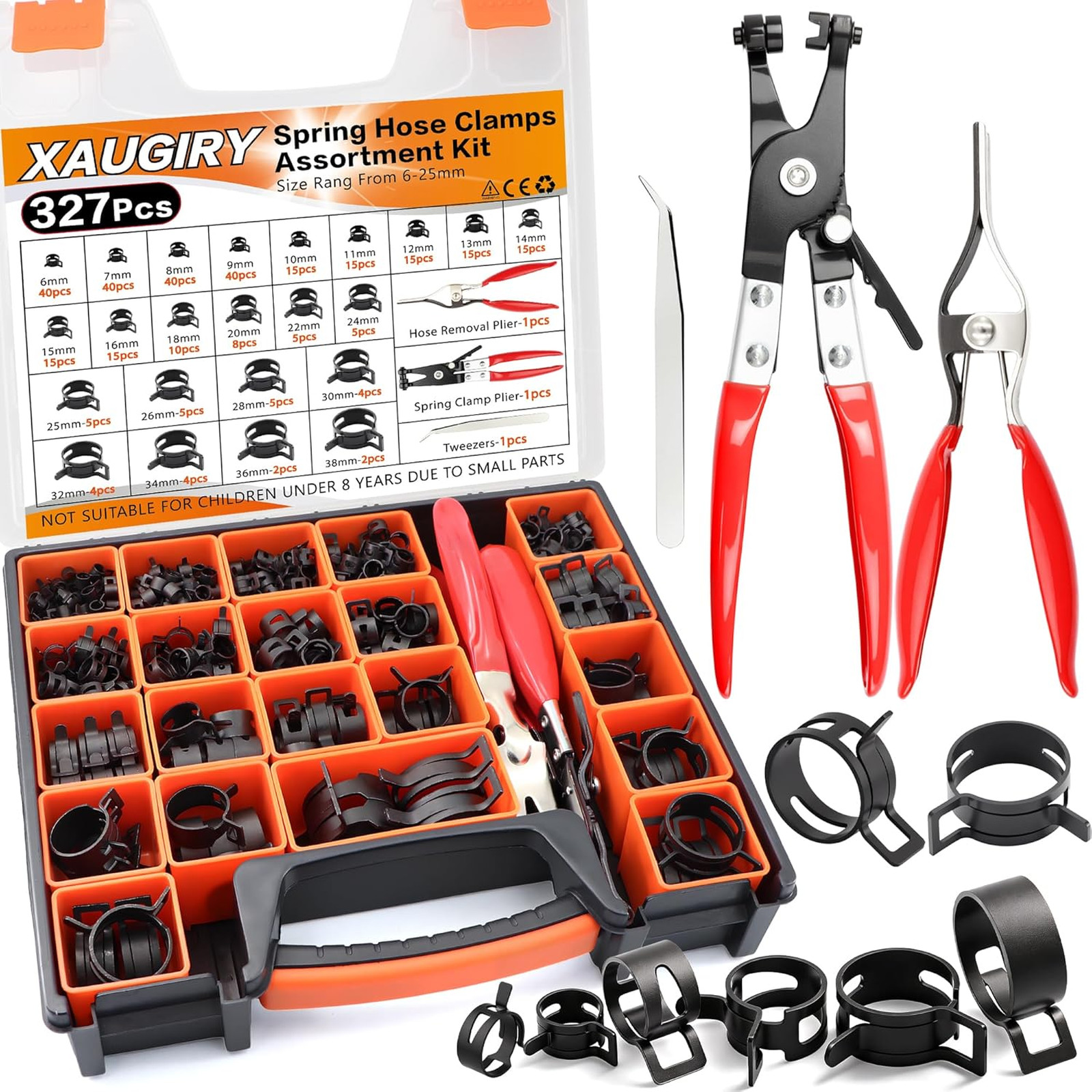 327Pcs 6-38mm Spring Hose Clamps Assortment Kit with Spring Clamp Plier,Hose