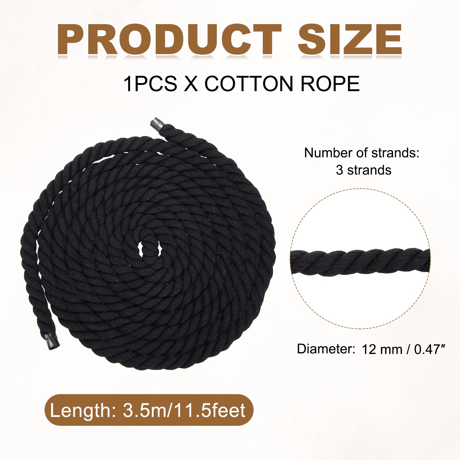 12mm x 11.5 Feet Black Cotton Rope 3 Strand for DIY Wall Hanging Knotting