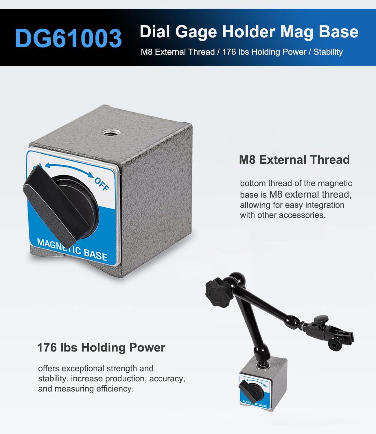 For DG61003 Noga Dial Gage Test Indicator Holder Magnetic Base 176lb Fine Adjust
