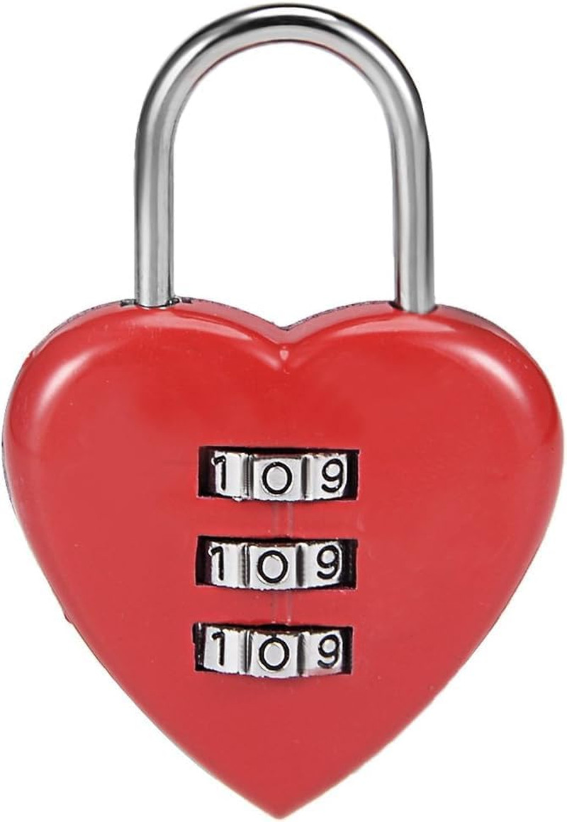 Red 3 Digit Combination Padlock, 3Mm Shackle, Zinc Alloy Lock Heart Shaped