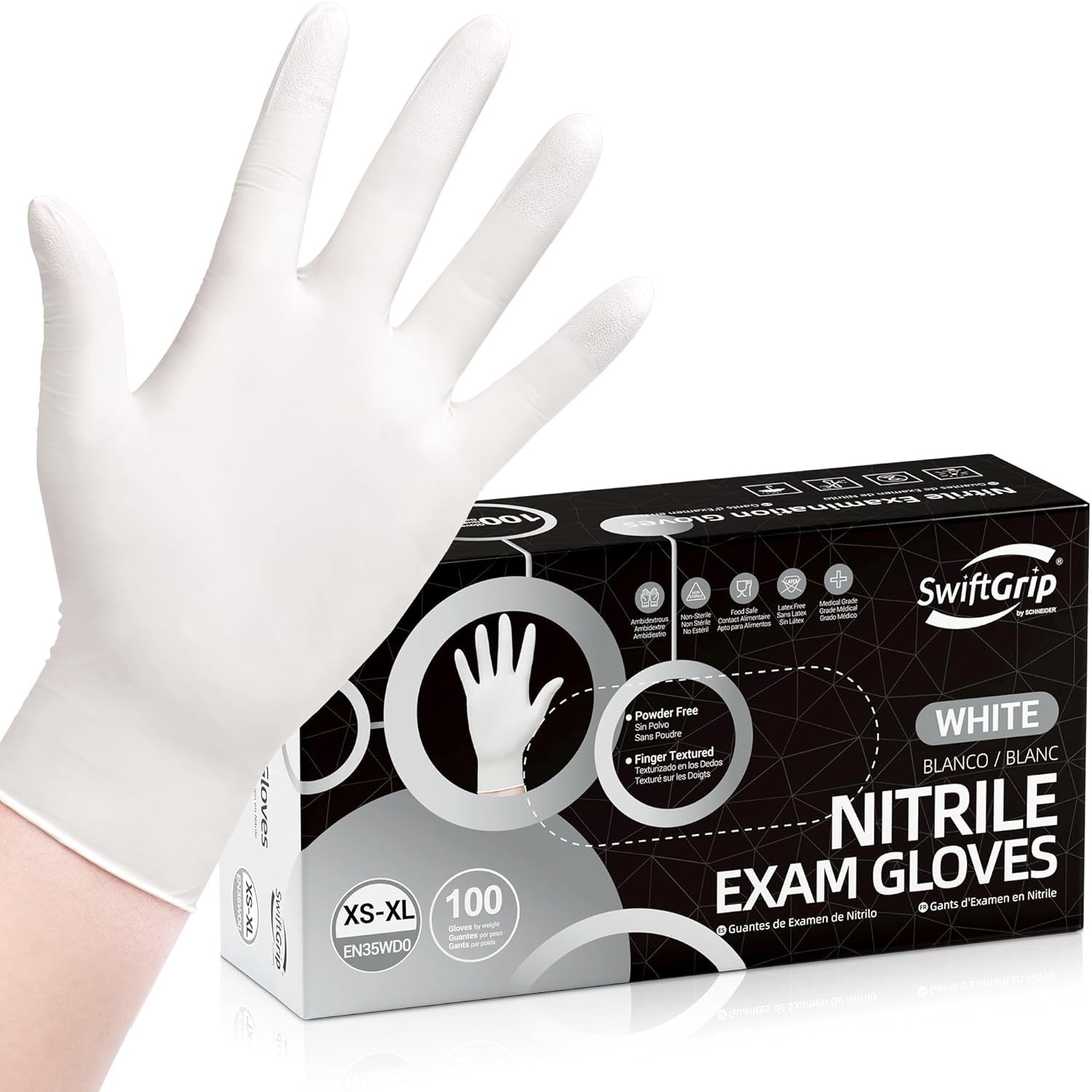 Disposable Nitrile Exam Gloves, 3-mil, Medium, Box of 100, White Nitrile Glov…