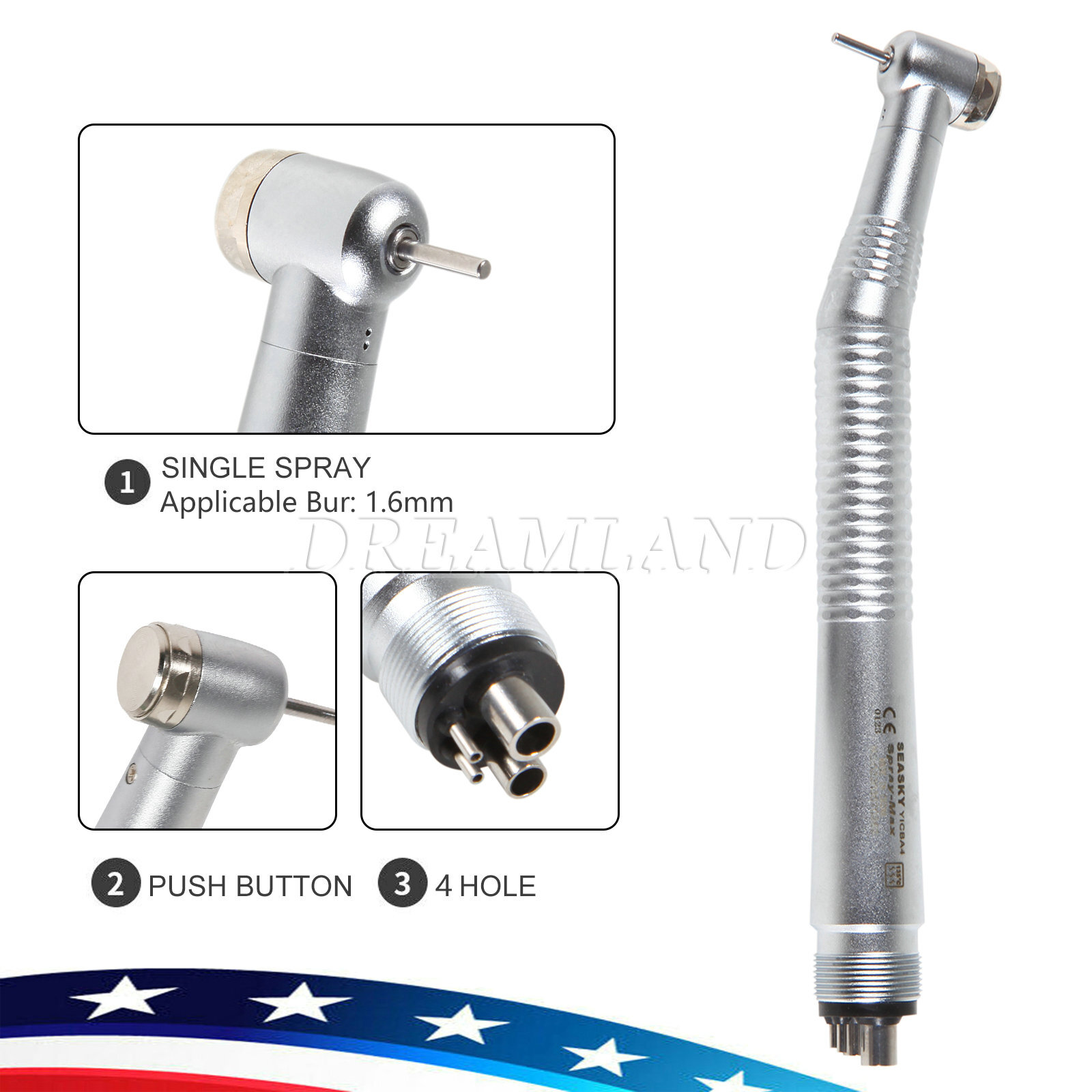SEASKY Dental High Speed Handpiece 4Holes Standard Head Burr M4 Push Button NEW
