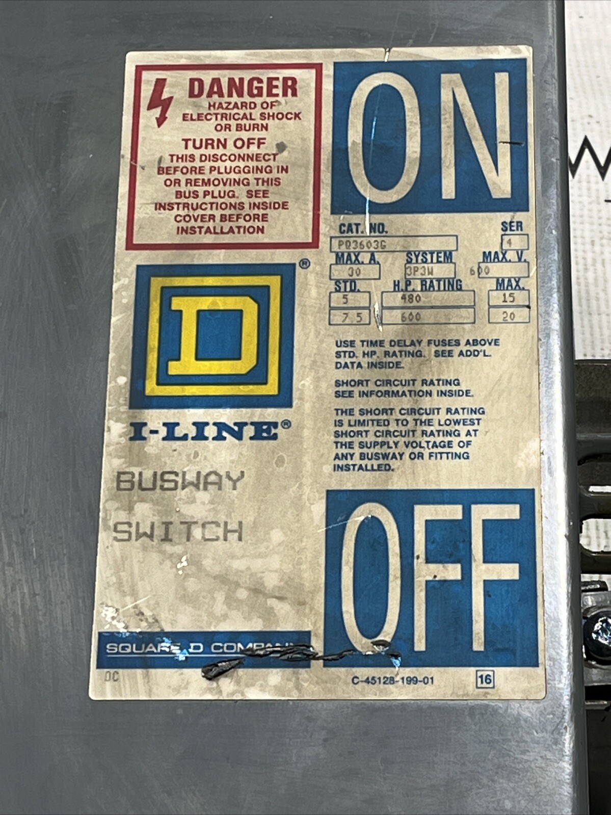 Square D PQ3603G Fusible I-Line Busplug 30 amp 3P 3W 600V BP116 BP130 BP152